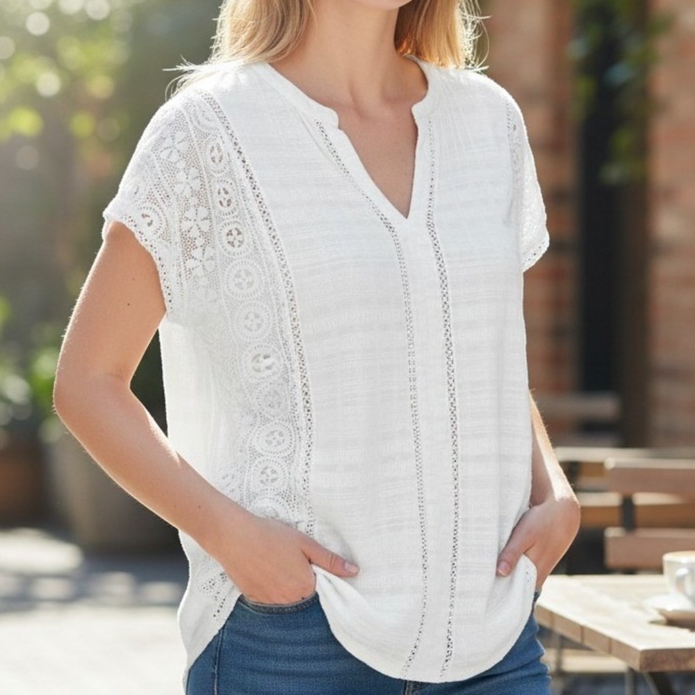 Lilyful White Crochet Lace Panel Boho Blouse Short Sleeve V-Neck Gauze Top Small